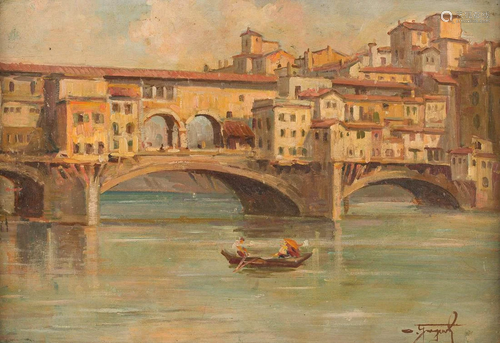 ITALIAN about 1900 Ponte Veccio Oil on wooden panel. 35