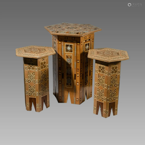 A set of 3 Middle Eastern Wood Tables Syria, Morrish.