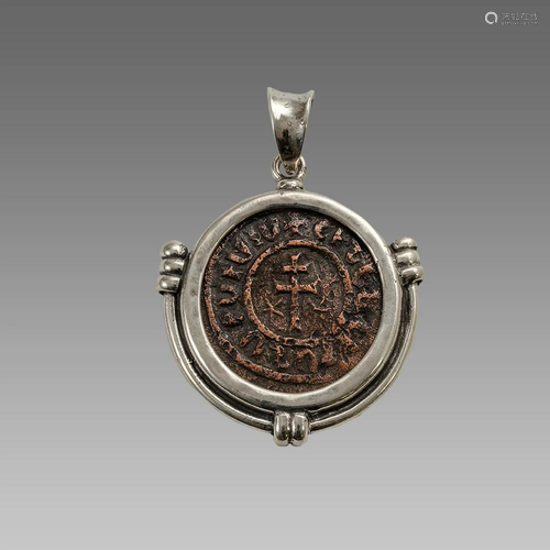 Ancient Armenia Bronze Coin Set in Silver Pendant.