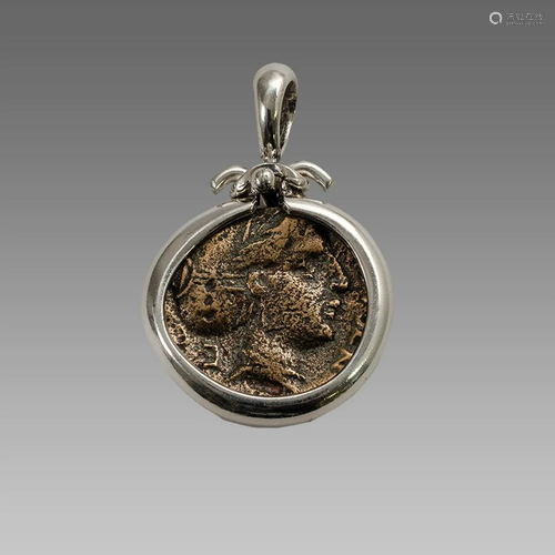 Ancient Greek Bronze Coin Set in Silver pendant