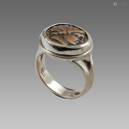 Ancient Greek Bronze Coin Set in Silver Ring.