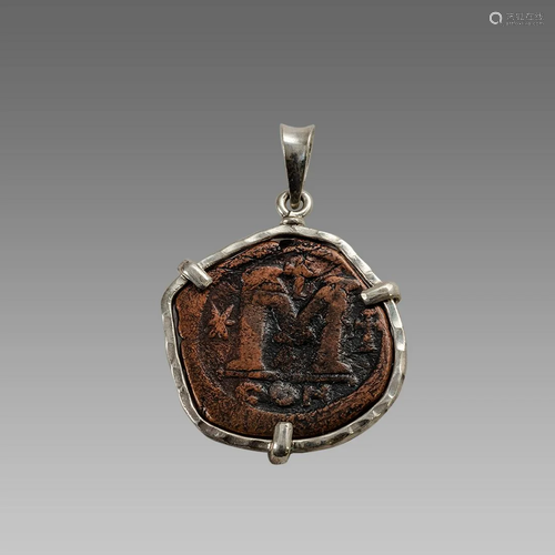 Ancient Byzantine Bronze coin set in Silver Pendant