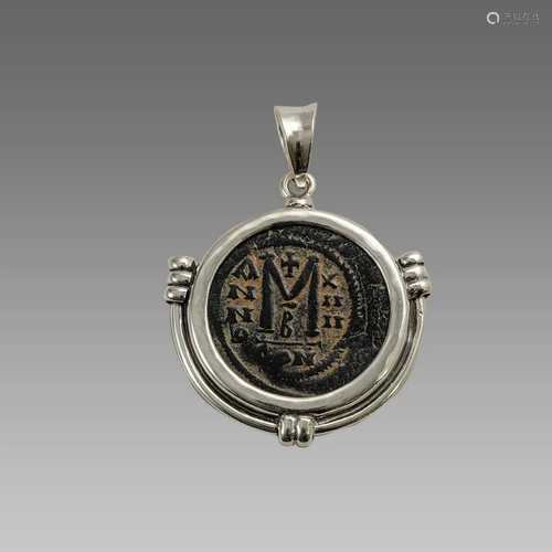 Ancient Byzantine Bronze coin set in Silver Pendant