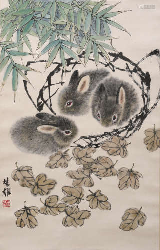 A Chinese Rabbits Painting Scroll, Fang Chuxiong Mark