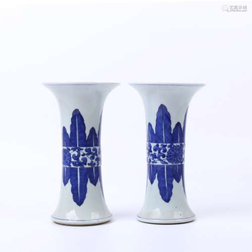 A Pair of Blue and White Painted Porcelain Beaker Vase