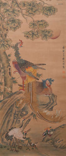 A Chinese Flowers&Phoenix Painting Silk Scroll, Jiang Tingxi Mark