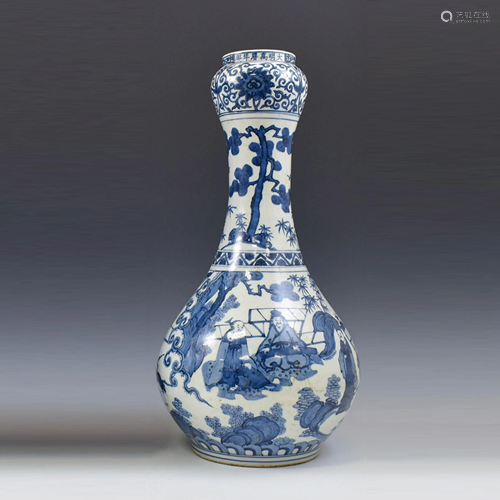 MING WANLI BLUE & WHITE FIGURATIVE GARLIC VASES