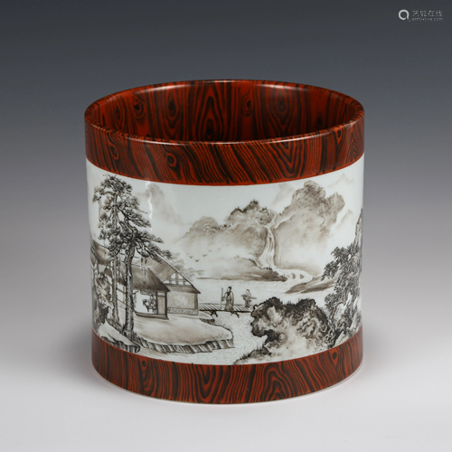 FAUX WOOD MOTIF MOCAI LANDSCAPE PORCELAIN BRUSH POT