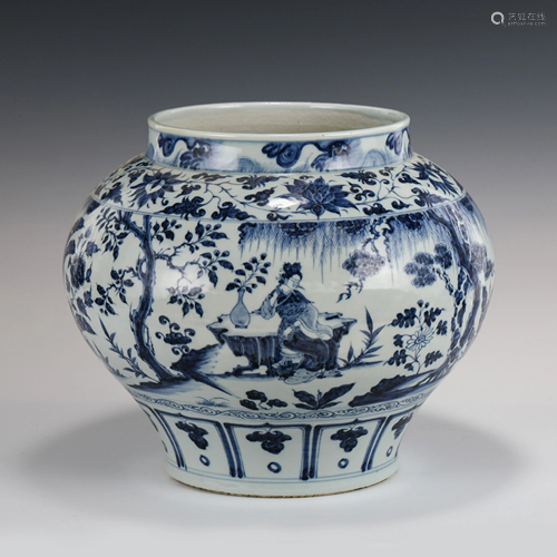 YUAN BLUE & WHITE FLORAL MOTIF LARGE JAR