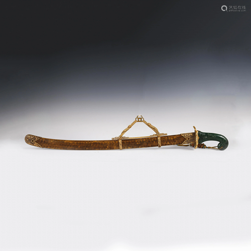 CHINESE JADE HILT & GILT BRONZE STEEL SWORD