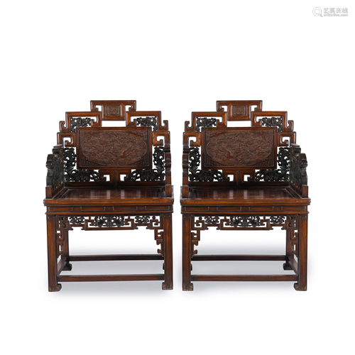 PAIR CHINESE HUANGHUALI CARVED MASTER ARM CHAIRS