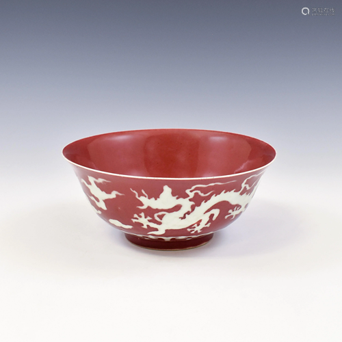 MING REVERSED RED DRAGON BOWL