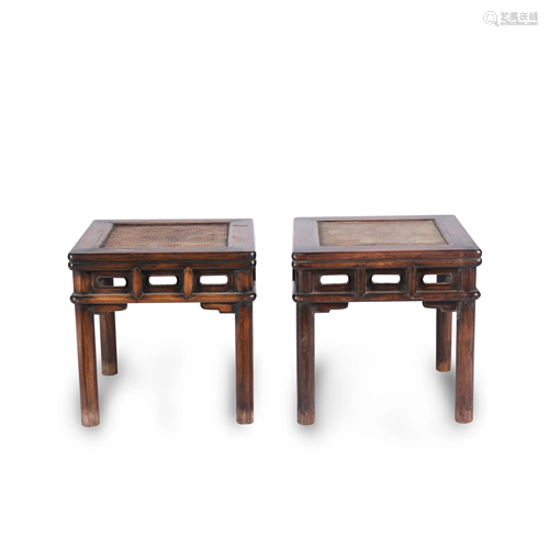 PAIR CHINESE HUANGHUALI CARVED SQUARE STOOLS