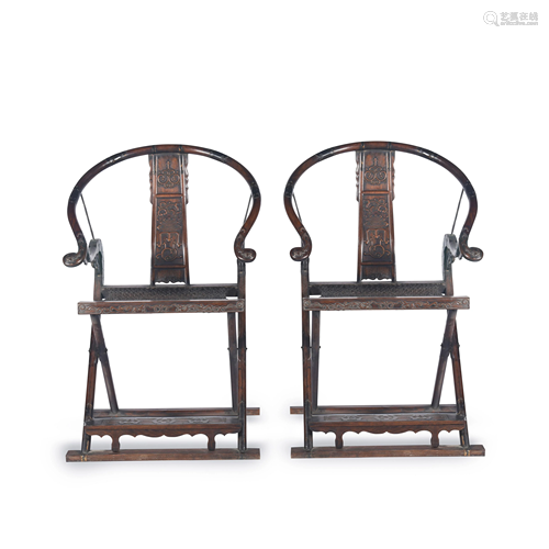 PAIR CHINESE HUANGHUALI FOLDING HORSESHOE ARM CHAIRS