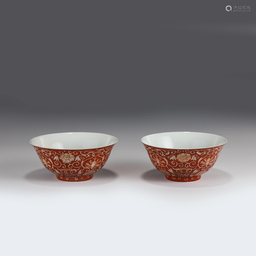 PAIR IRON RED FLORAL MOTIF BOWLS