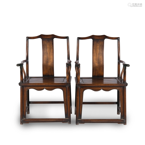 PAIR CHINESE HUANGHUALI SOUTHERN OFFICER HAT ARM CHAIRS