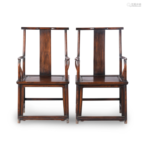 PAIR CHINESE HUANGHUALI OFFICER HAT ARM CHAIRS