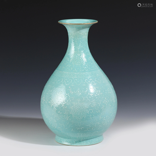 CELADON GLAZED FLORAL RELIEFS YUHUCHUN VASE