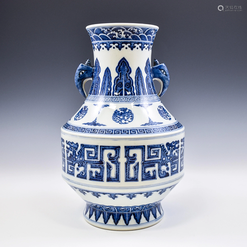 QIANLONG BLUE AND WHITE APHORA ZUN VASE