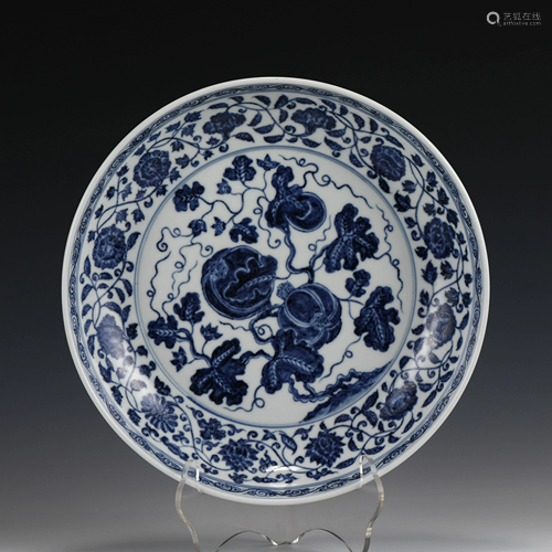 MING BLUE & WHITE FLORAL MOTIF PLATE