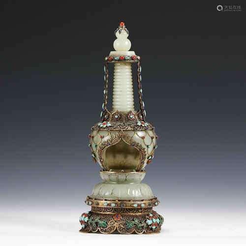 JADE AND STONES INLAID GILT BRONZE BUDDHA STUPA