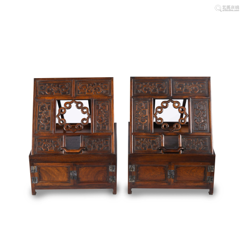 PAIR HUANGHUALI CARVED DRESSING CABINETS