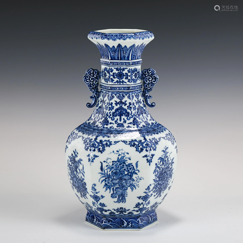 BLUE & WHITE FLORAL MOTIF AMPHORA VASE