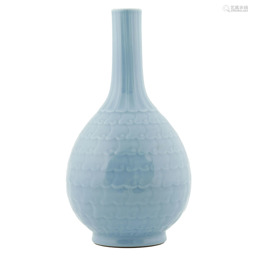 SKY-BLUE GLAZED CARVED TALL NECK VASE