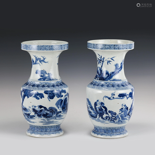 PAIR BLUE & WHITE FLORAL MOTIF VASES