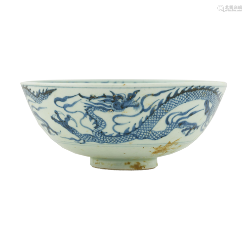 YUAN BLUE & WHITE DRAGON BOWL