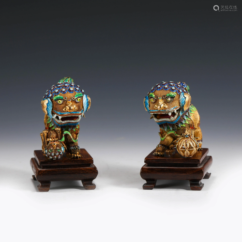 PAIR CHINESE CHAMPLEVE SILVER GILT ENAMEL FU LIONS