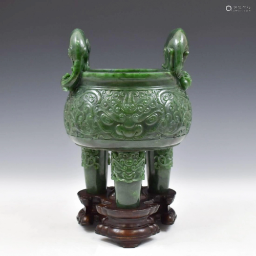 LARGE CHINESE GREEN JADE TRIPOD CENSER ON STAND
