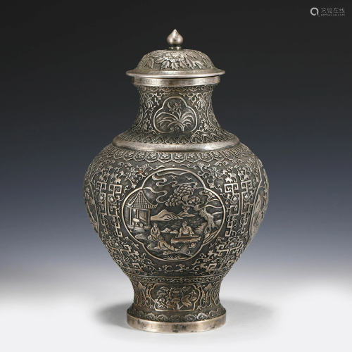 CHINESE FIGURINES FLORAL MOTIF SILVER LIDDED VASE