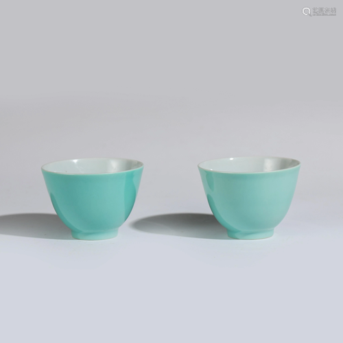 PAIR PEACOCK GREEN GLAZED WINE CUPS