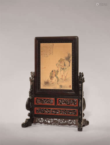 十八-十九世紀 清風明月圖紅木座硯屏