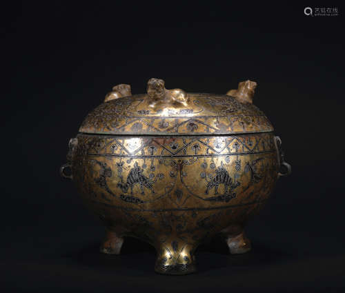 A bronze jar and cover ware with gold and silver