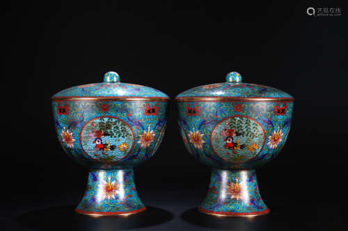 A pair of Cloisonne enamel 'flowers and birds' bowl and cover