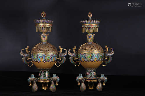 A pair of Cloisonne enamel censer