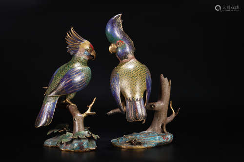 A pair of Cloisonne enamel parrot