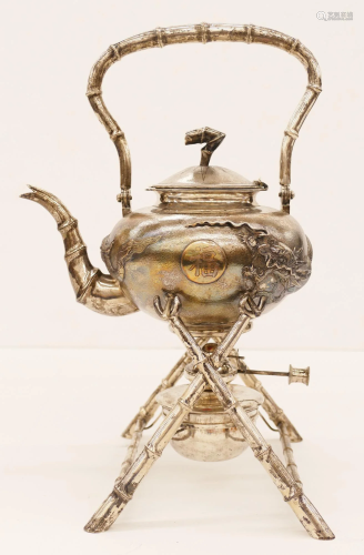 Chinese Export Silver Tea Kettle on Stand