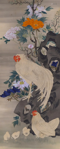 Japanese Meiji Roosters Scroll Painting