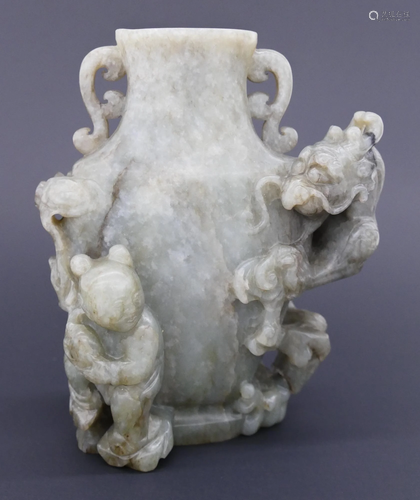 Fine Chinese Qing Jade Dragon & Boy Vase