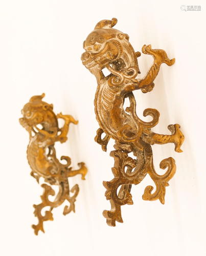 Pair Chinese Qing Bronze Dragon Handles