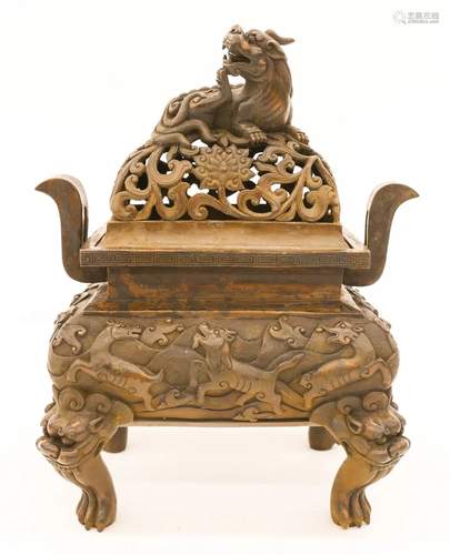 Chinese Bronze Fang Ding Censer