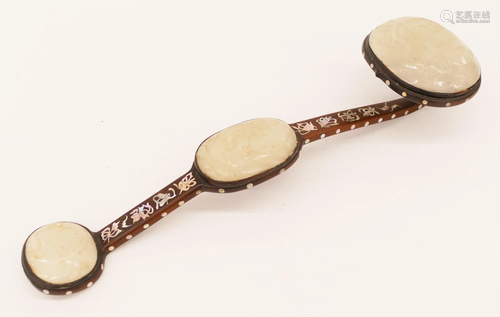 Chinese Qing Jade & Rosewood Ruyi Scepter