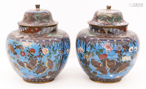 Pair Japanese Meiji Cloisonne Large Jars