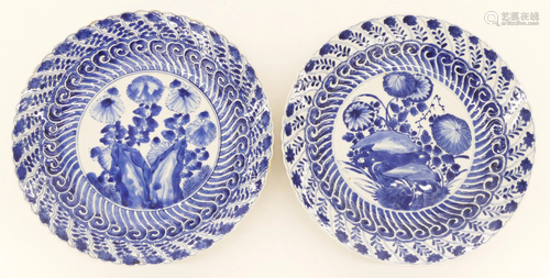 Pair Chinese Kangxi Floral Blue & White Plates