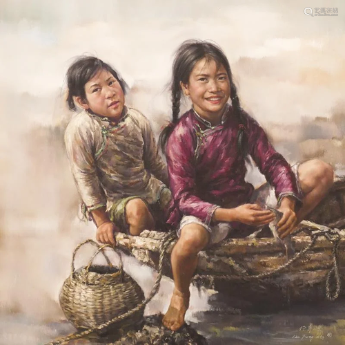 Kee Fung Ng ''Little Girls with Baskets'' Oil