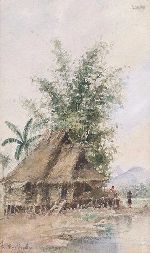 Felix Martinez ''Hut with Figures'' 1898 Watercolor