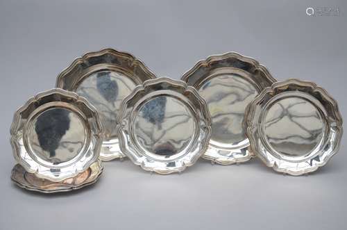 Seven armorial dishes in silver, Mons - 1766 (28cm - 30cm - 36cm)